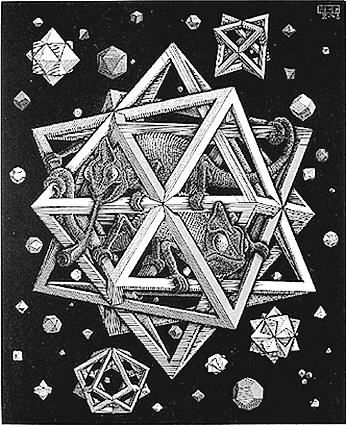 Stars is a wood engraving print created by the Dutch artist M. C. Escher in 1948, depicting two chameleons in a polyhedral cage floating through space. 